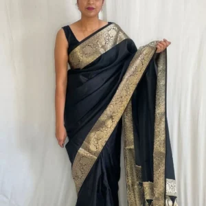 Black Soft Litchi Silk Zari Work Banarasi Saree With Unstitched Blouse Piece | For Women