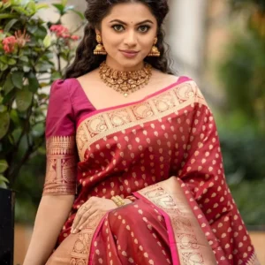 Maroon Soft Litchi Silk Butti Work Banarasi Saree With Unstitched Blouse Piece | For Women