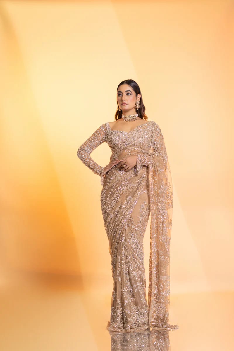Inspired Premium Golden Butterfly Net Sequin Saree
