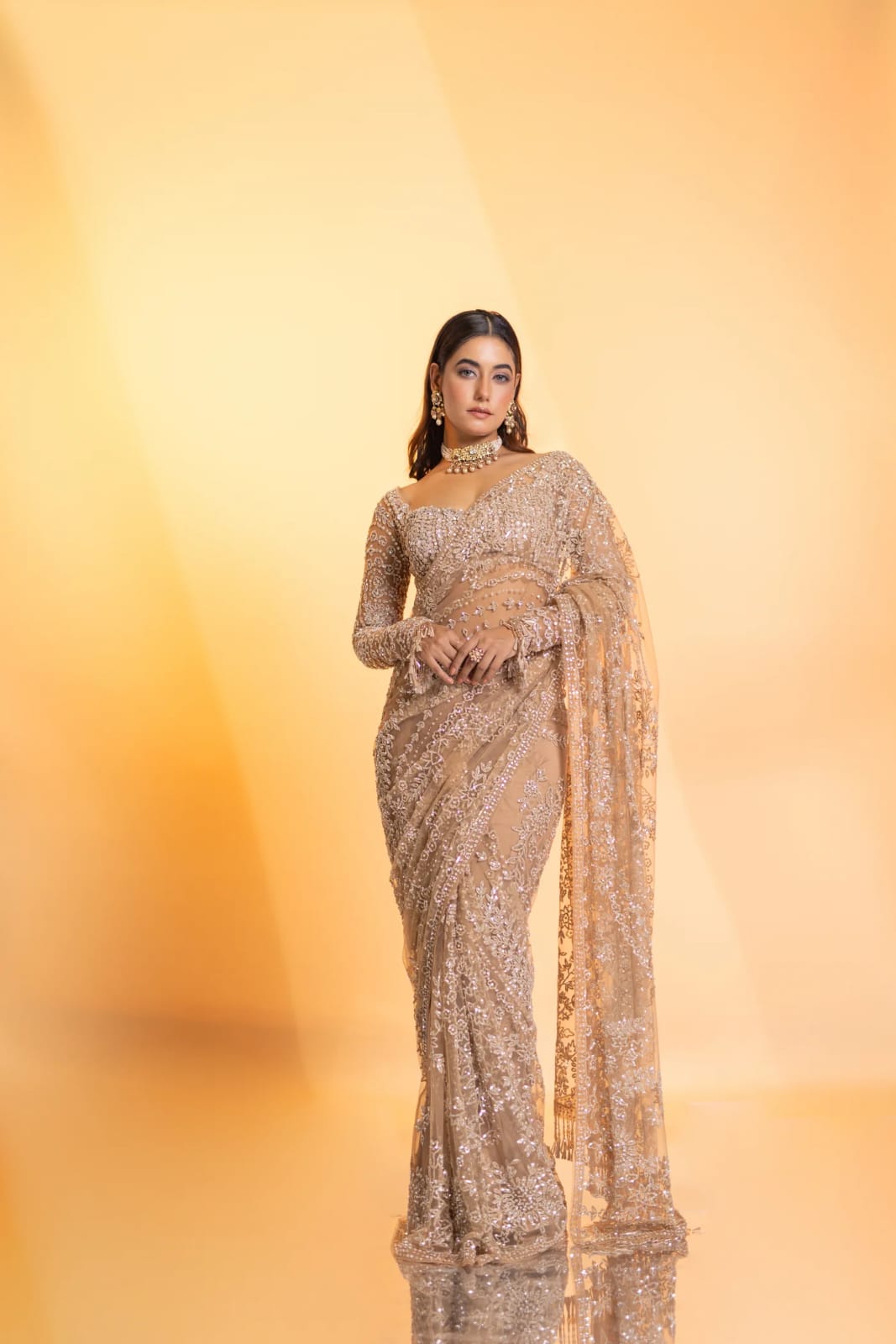 Inspired Premium Golden Butterfly Net Sequin Saree - Image 2