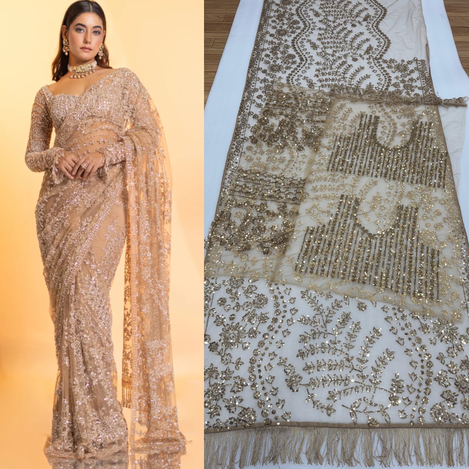 Inspired Premium Golden Butterfly Net Sequin Saree - Image 3