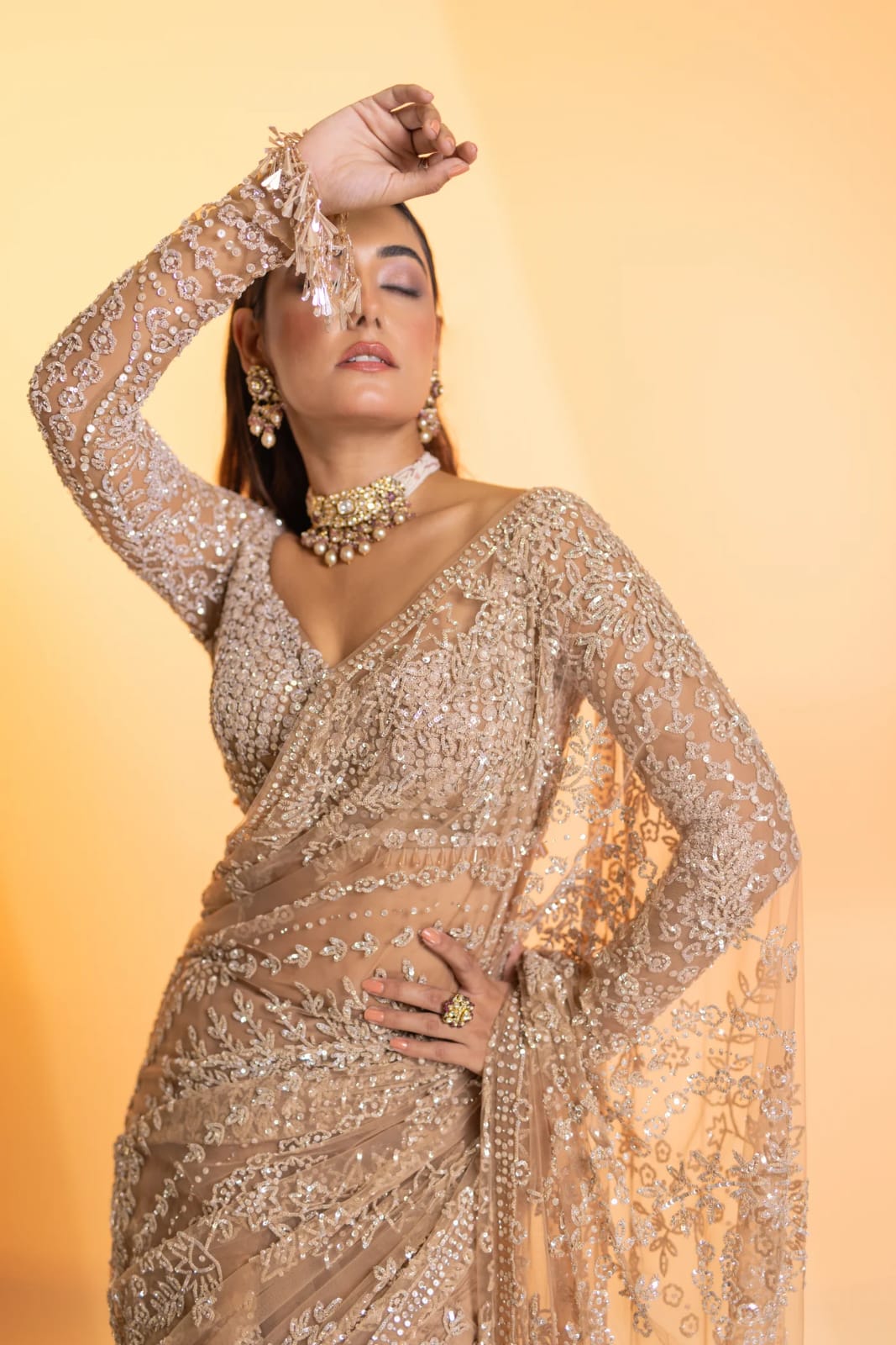 Inspired Premium Golden Butterfly Net Sequin Saree - Image 7