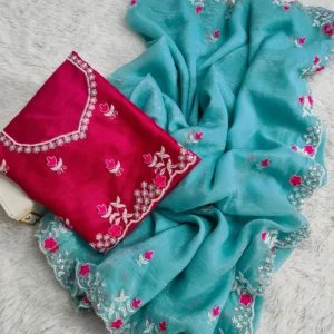 Sky Blue Organza Butti Work Saree With Unstitched Blouse Piece