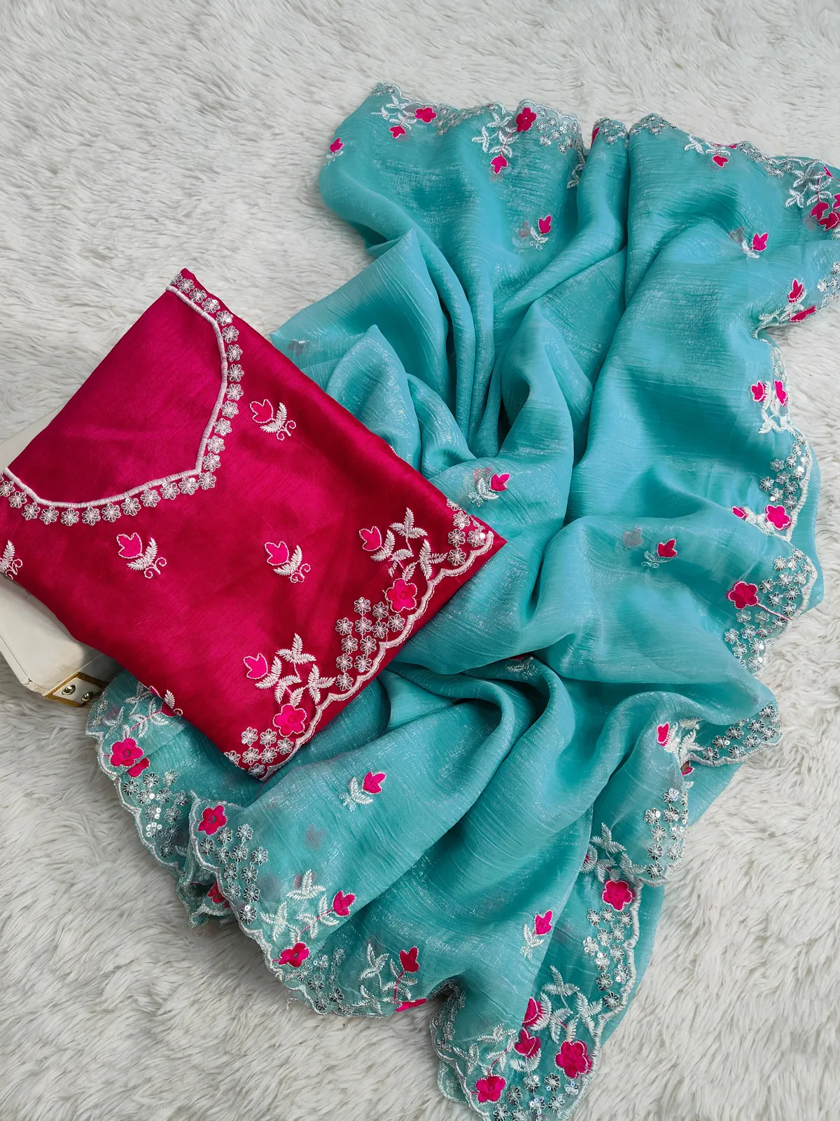 Sky Blue Organza Butti Work Saree With Unstitched Blouse Piece