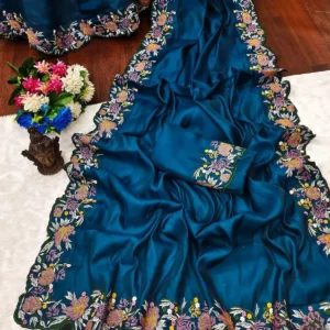 Dark Blue Pure vichitra Silk Thread Work Saree With Unstitched Blouse Piece | For Women