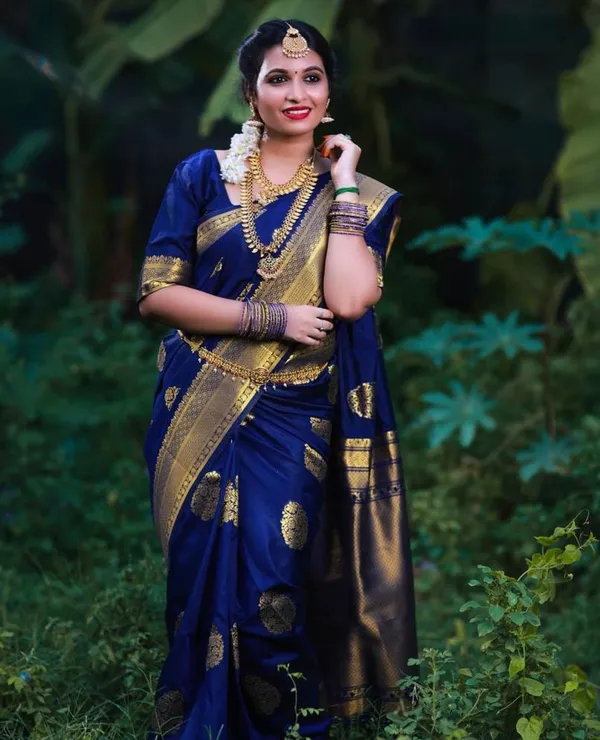 Blue Soft Litchi Silk Butti Work Banarasi Saree With Unstitched Blouse Piece | For Women - Image 4