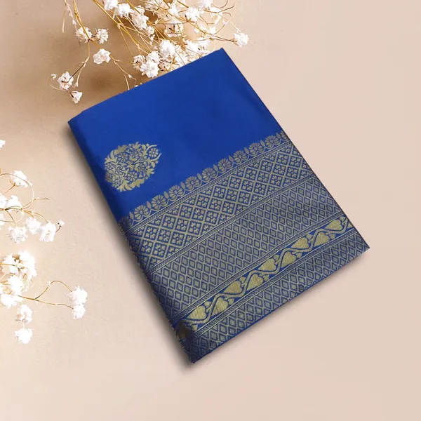 Blue Soft Litchi Silk Butti Work Banarasi Saree With Unstitched Blouse Piece | For Women - Image 6