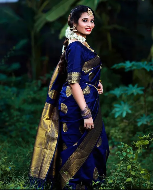 Blue Soft Litchi Silk Butti Work Banarasi Saree With Unstitched Blouse Piece | For Women - Image 3