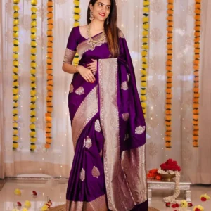 Purple Soft Litchi Silk Butti Work Banarasi Saree With Unstitched Blouse Piece | For Women