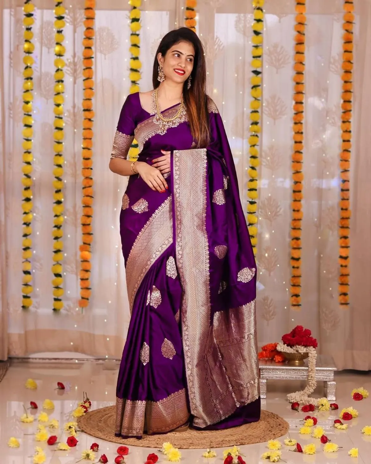 Purple Soft Litchi Silk Butti Work Banarasi Saree With Unstitched Blouse Piece | For Women