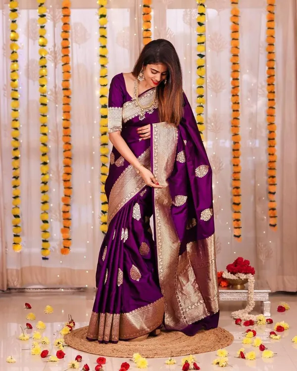 Purple Soft Litchi Silk Butti Work Banarasi Saree With Unstitched Blouse Piece | For Women - Image 3