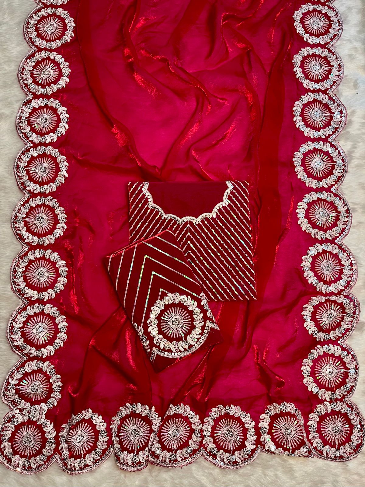 Trisha Premium Satin Saree with Arco Cut Work Border - Image 9