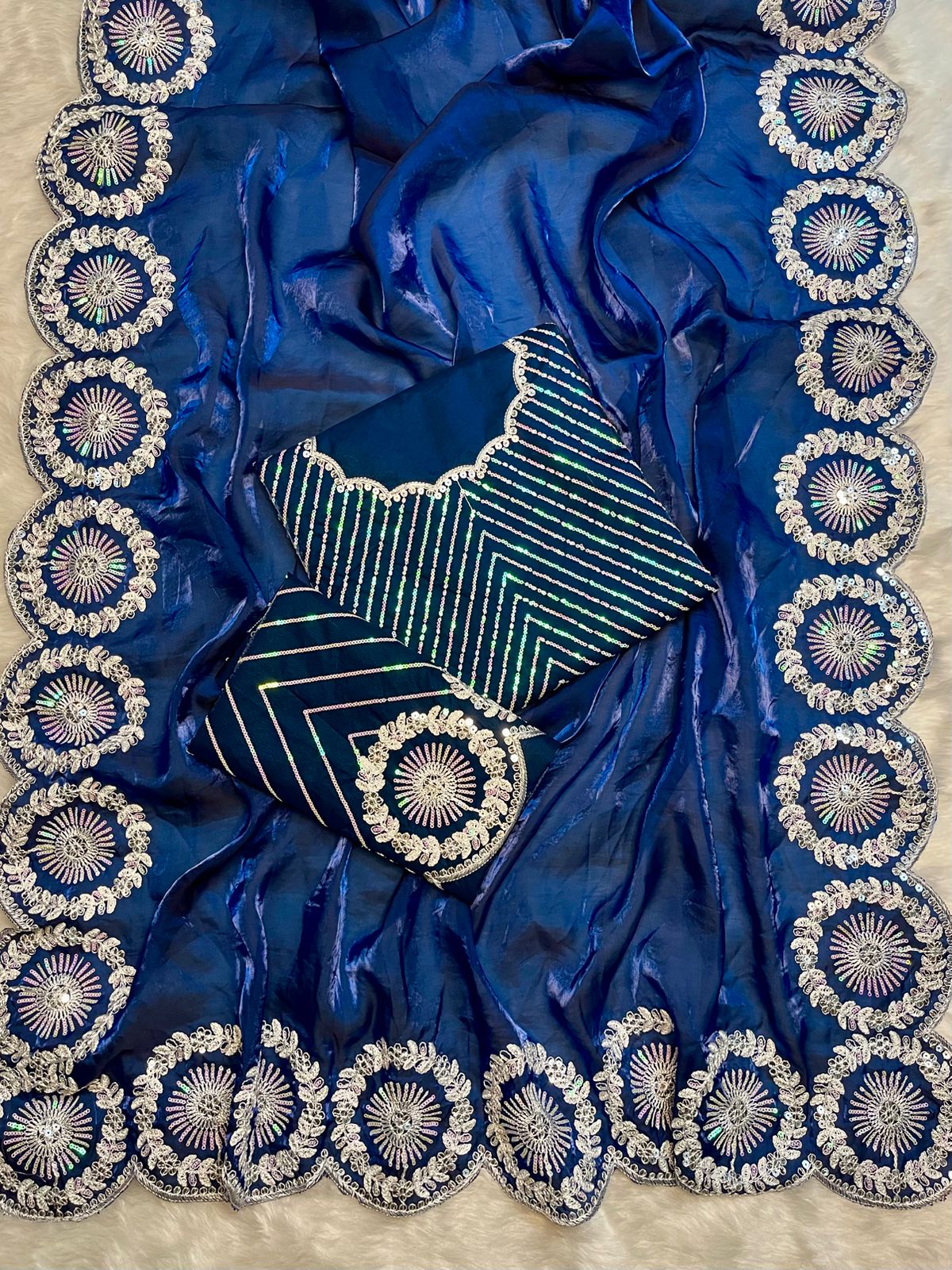 Trisha Premium Satin Saree with Arco Cut Work Border - Image 5