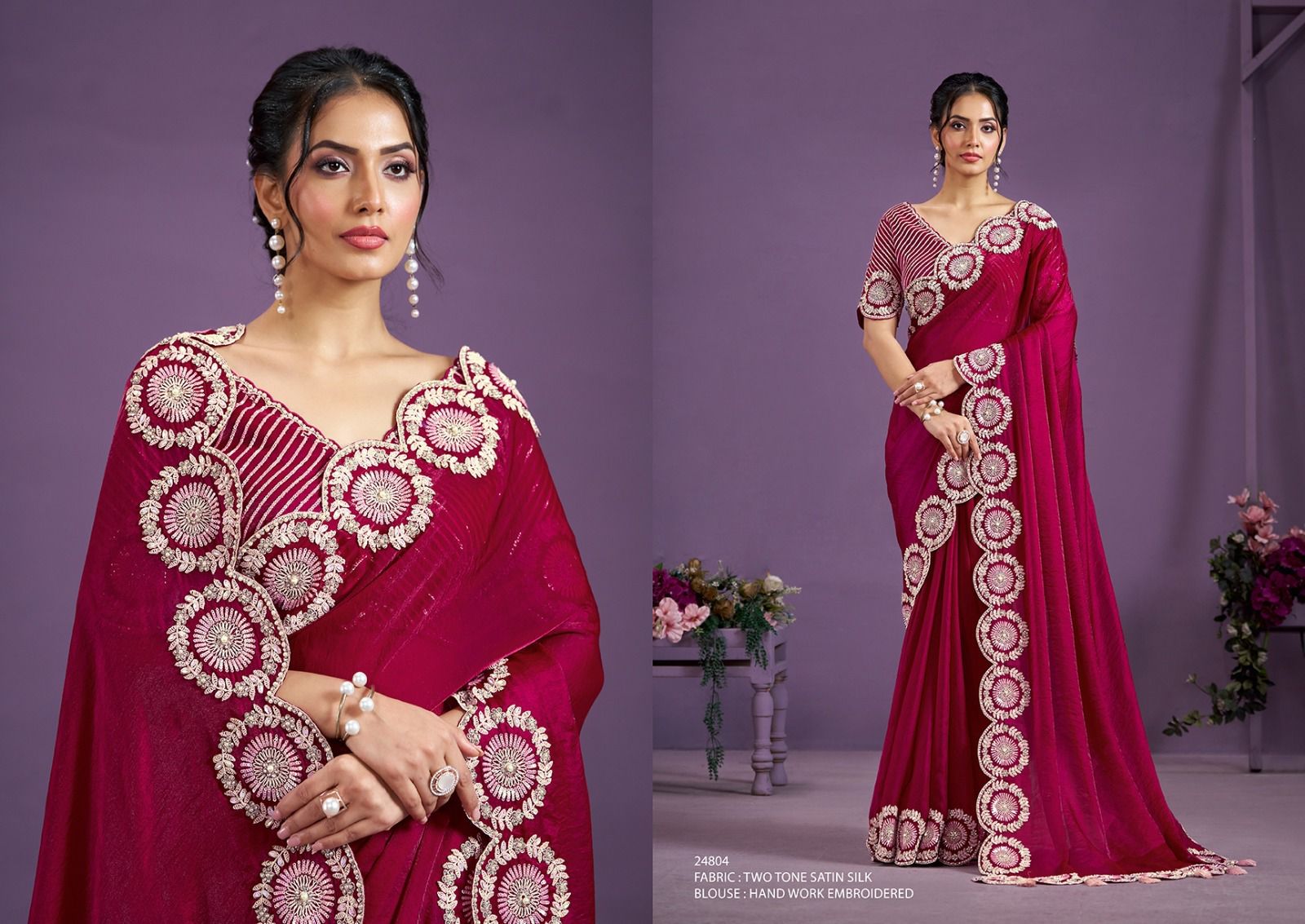 Trisha Premium Satin Saree with Arco Cut Work Border - Image 2