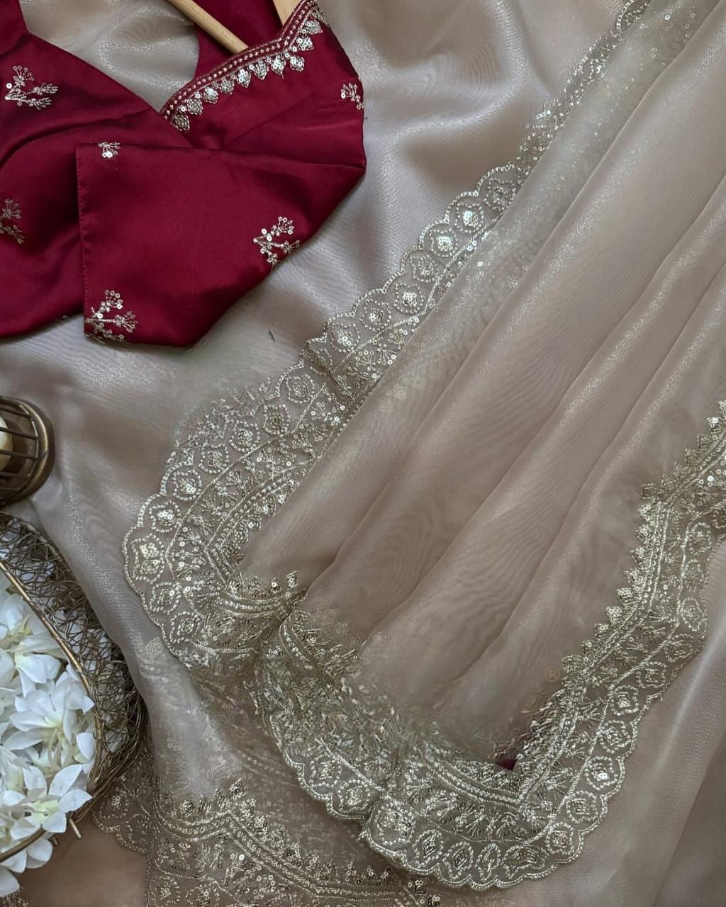 Champagne Organza Silk Saree with Sequin Border - Image 3