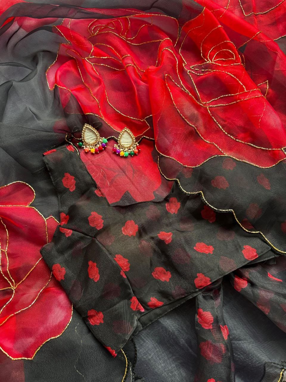 Soft Organza Digital Print Handwork Saree - Image 5