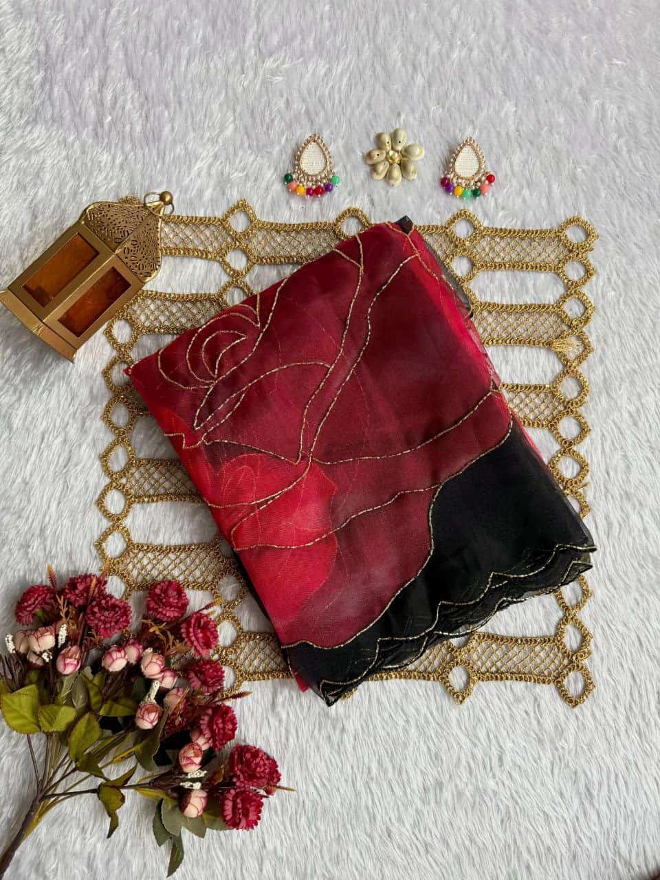 Soft Organza Digital Print Handwork Saree - Image 2