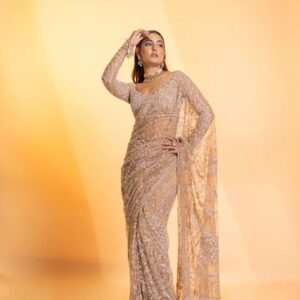 Beautiful fancy Sequence Embroidery Work With Feather Lace In Pallu Border Saree