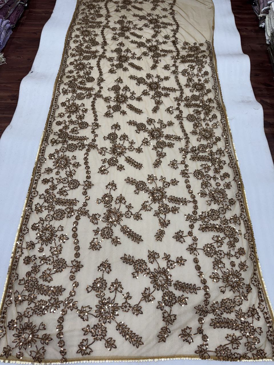 GOLD BOLLYWOOD STYLE HEAVY SEQUINS EMBROIDERY NET SAREE - Image 4