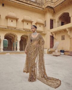 GOLD BOLLYWOOD STYLE HEAVY SEQUINS EMBROIDERY NET SAREE
