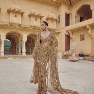 GOLD BOLLYWOOD STYLE HEAVY SEQUINS EMBROIDERY NET SAREE