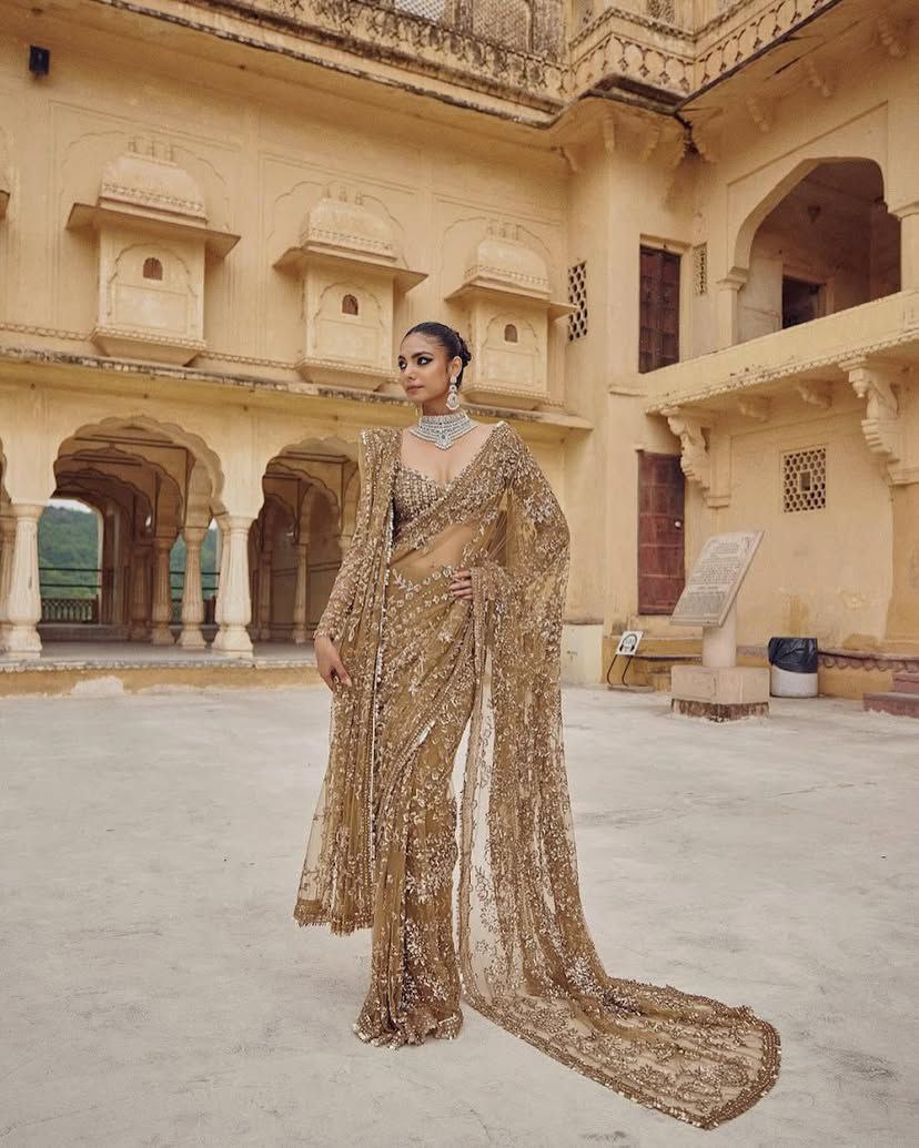 GOLD BOLLYWOOD STYLE HEAVY SEQUINS EMBROIDERY NET SAREE