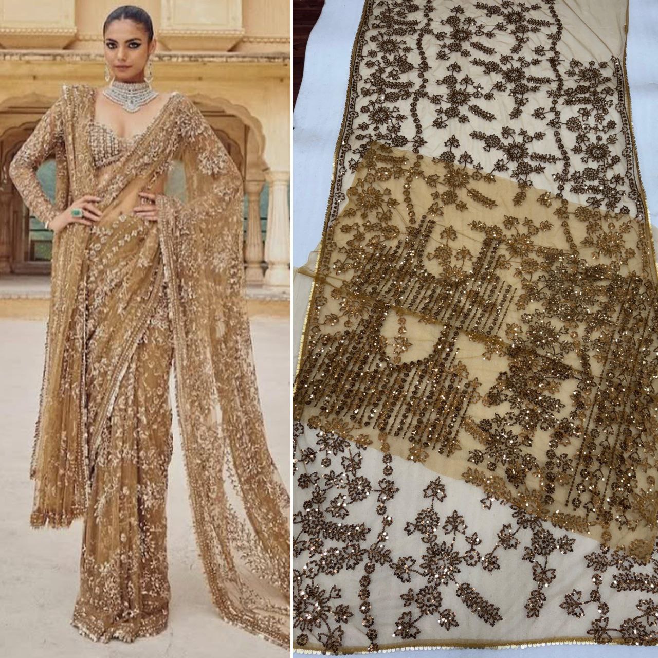 GOLD BOLLYWOOD STYLE HEAVY SEQUINS EMBROIDERY NET SAREE - Image 3